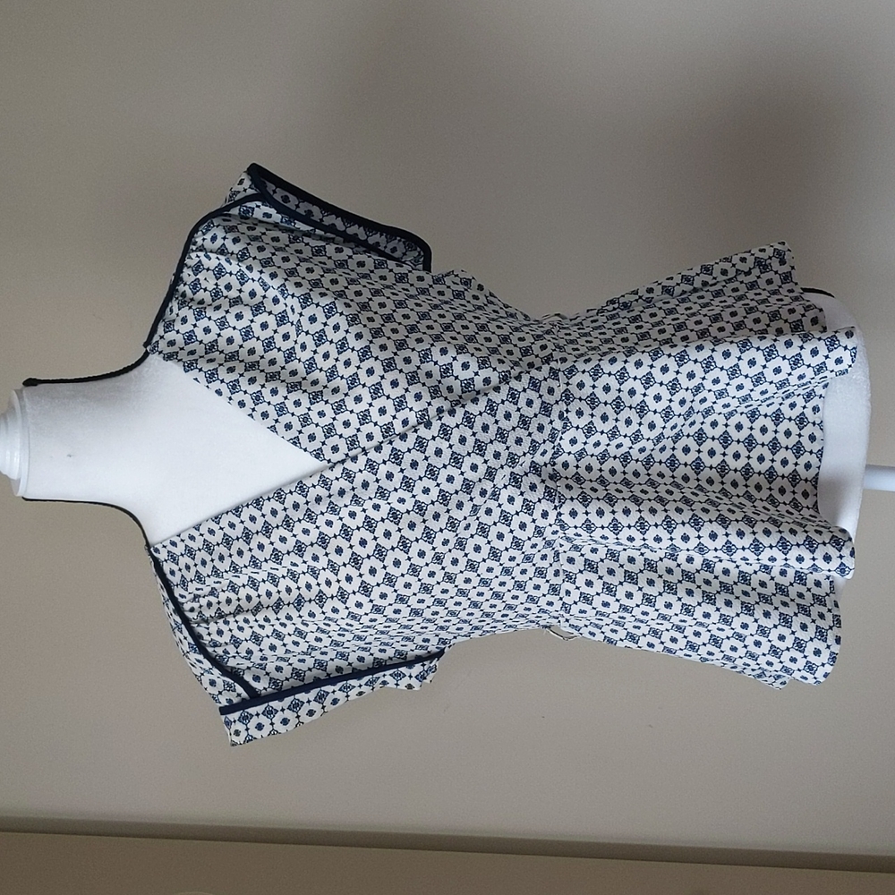 Monteau Navy and White Printed Peplum Cap-Sleeve Top